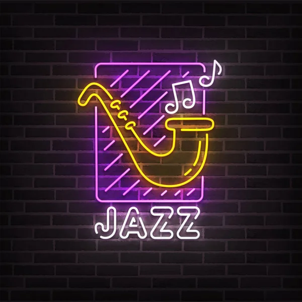 Sinal de néon de música jazz, sinalização brilhante, banner de luz. Logotipo de música jazz néon, emblema. Ilustração vetorial — Vetor de Stock