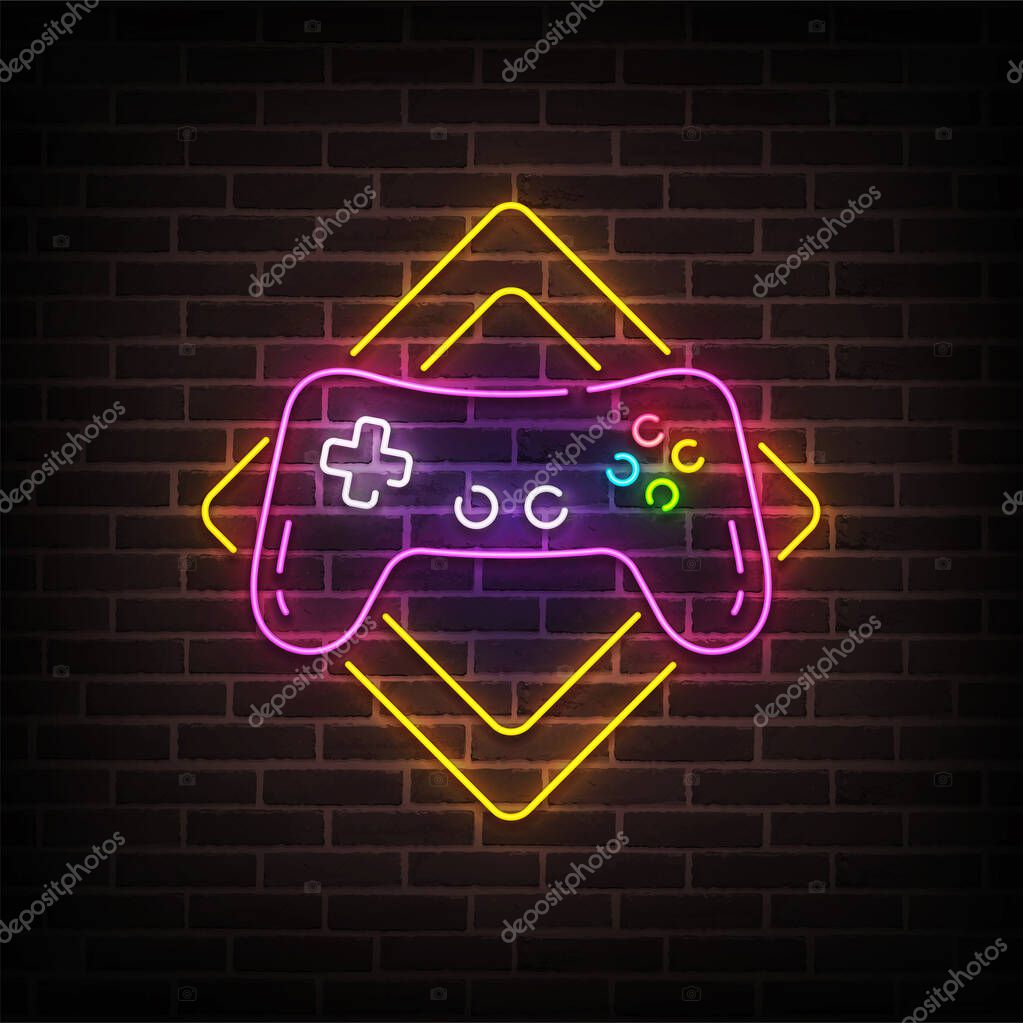 Game zone neon sign, bright signboard, light banner. Game area logo neon, emblem. Vector illustration