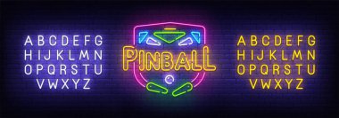 Pinball neon ışığı, parlak tabela, hafif pankart. Pinball logosu, amblem. Neon tabela yaratıcısı. Neon metin düzenlemesi. Vektör illüstrasyon metni
