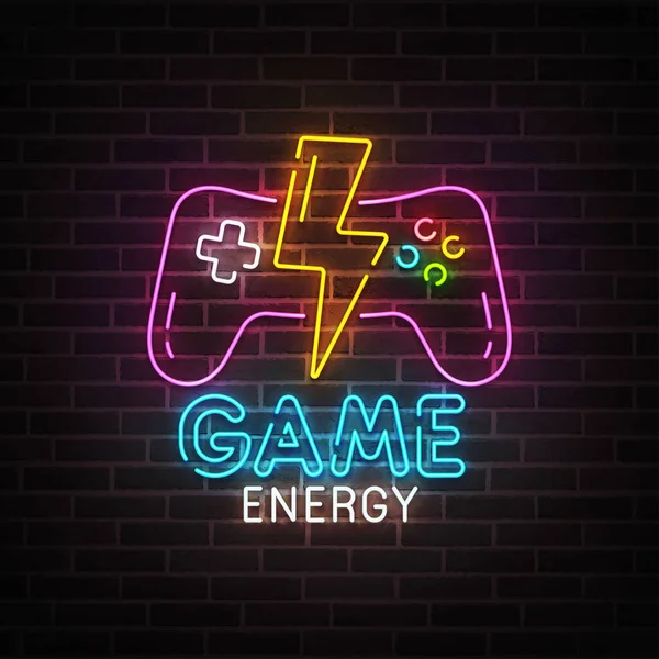 Játék neon jel, fényes tábla, könnyű transzparens. Játék energia logó neon, embléma. Vektorillusztráció — Stock Vector