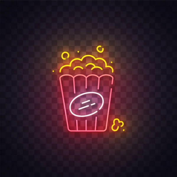 Neon z popcornem, jasny szyld, lekki sztandar. Neon z logo popcornu, godło. Ilustracja wektora — Wektor stockowy