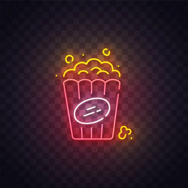 Signo de neón de palomitas de maíz, letrero brillante, bandera ligera. Logo palomitas de maíz neón, emblema. Ilustración vectorial — Vector de stock