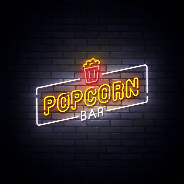 Neon z popcornem, jasny szyld, lekki sztandar. Neon z logo popcornu, godło. Ilustracja wektora — Wektor stockowy