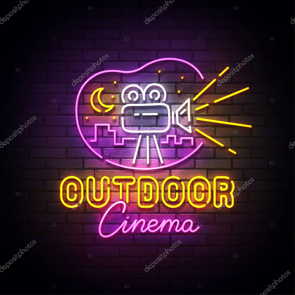 Outdoor cinema neon sign, drive-in movie theater with cars on open air parking logo neon, emblem. Vector illustration
