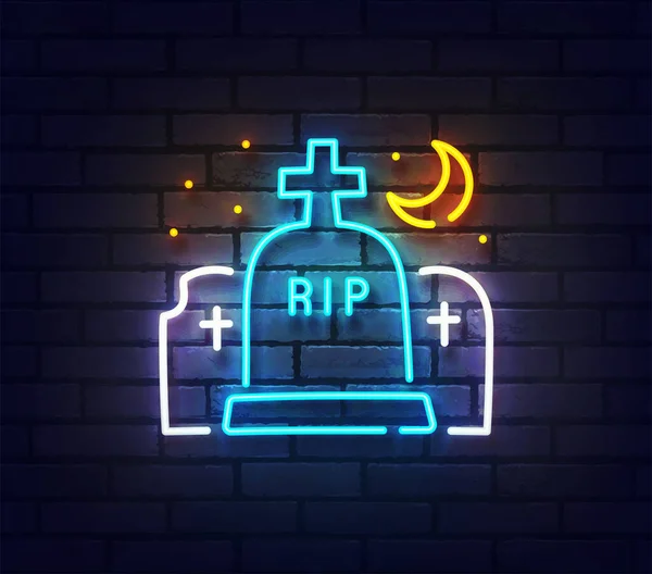 Znamení hrob neon. Zářící neonový světelný nápis bonbónů. Ikona z náhrobku na cihlové zdi. Vektorová ilustrace — Stockový vektor