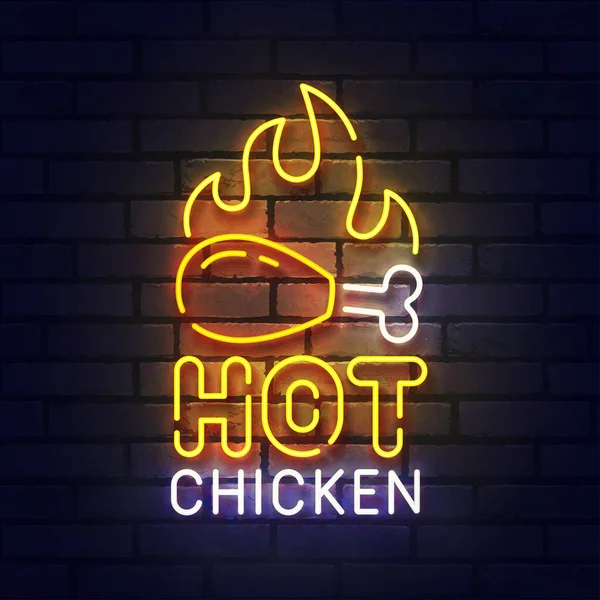 Heiße Huhn-Leuchtreklame, helles Schild, Lichtbanner. Chicken Grill Logo neon, Emblem. Vektorillustration — Stockvektor