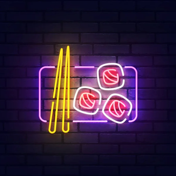 Znamení sushi neon. Zářící neonový světelný nápis sushi baru. Znamení japonské kuchyně s barevnými neonovými světly izolovanými na cihlové zdi. Vektorová ilustrace — Stockový vektor