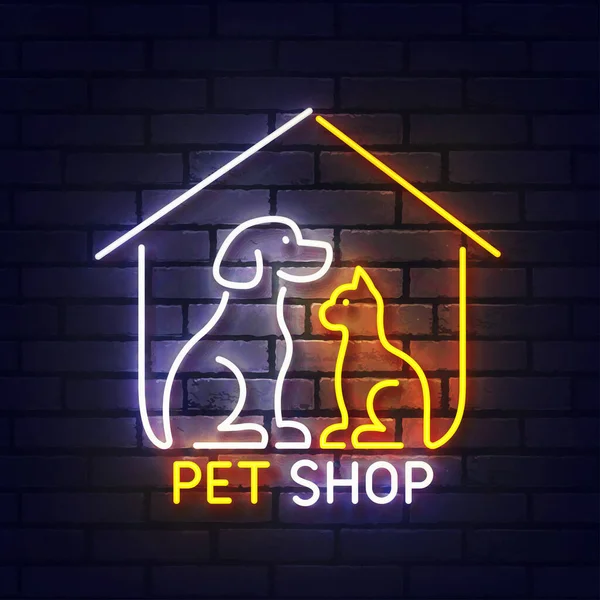 Evcil hayvan dükkanı neon ışığı. Köpek ve kedi evcil hayvan evlerinin parlayan ışıklı tabelası. Tuğla duvarında renkli neon ışıkları olan evcil hayvan dükkanının işareti. Vektör illüstrasyonu — Stok Vektör