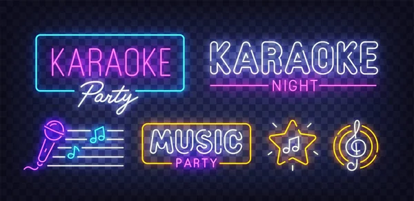 Karaoke neon teken. Teken van Karaoke Party met kleurrijke neon lichten geïsoleerd op bakstenen muur. Vectorillustratie — Stockvector