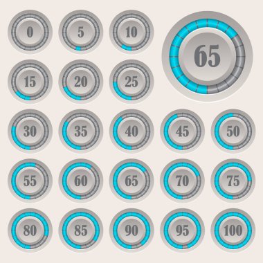 Pasta grafikleri web tasarım için. Daire yüzde kümesi için Infographics, 0 5 10 15 20 25 30 35 40 45 50 55 60 65 70 75 80 85 90 95 yüzde 100 diyagramları. İş infographics için ilerleme çubuğu