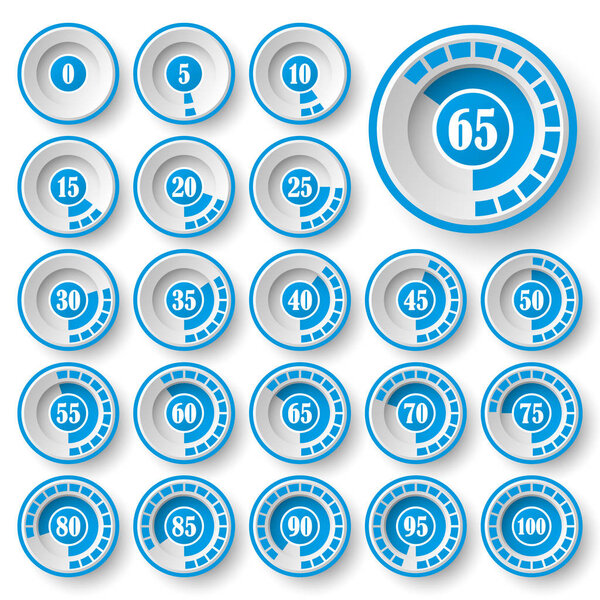 Pie charts for infographics.Set of circle percentage diagrams for web design, 0 5 10 15 20 25 30 35 40 45 50 55 60 65 70 75 80 85 90 95 100 percentage .Progress bar for business infographics
