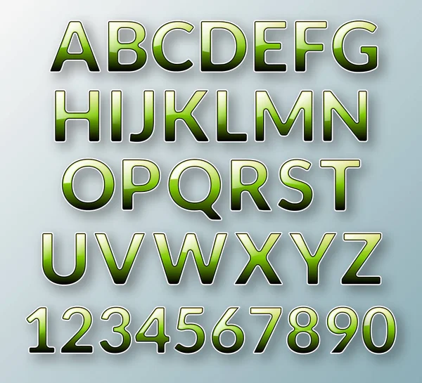 明るい青の背景に浮かぶの紙の文字とアルファベットの数字 緑色の光沢のある文字 — ストックベクタ