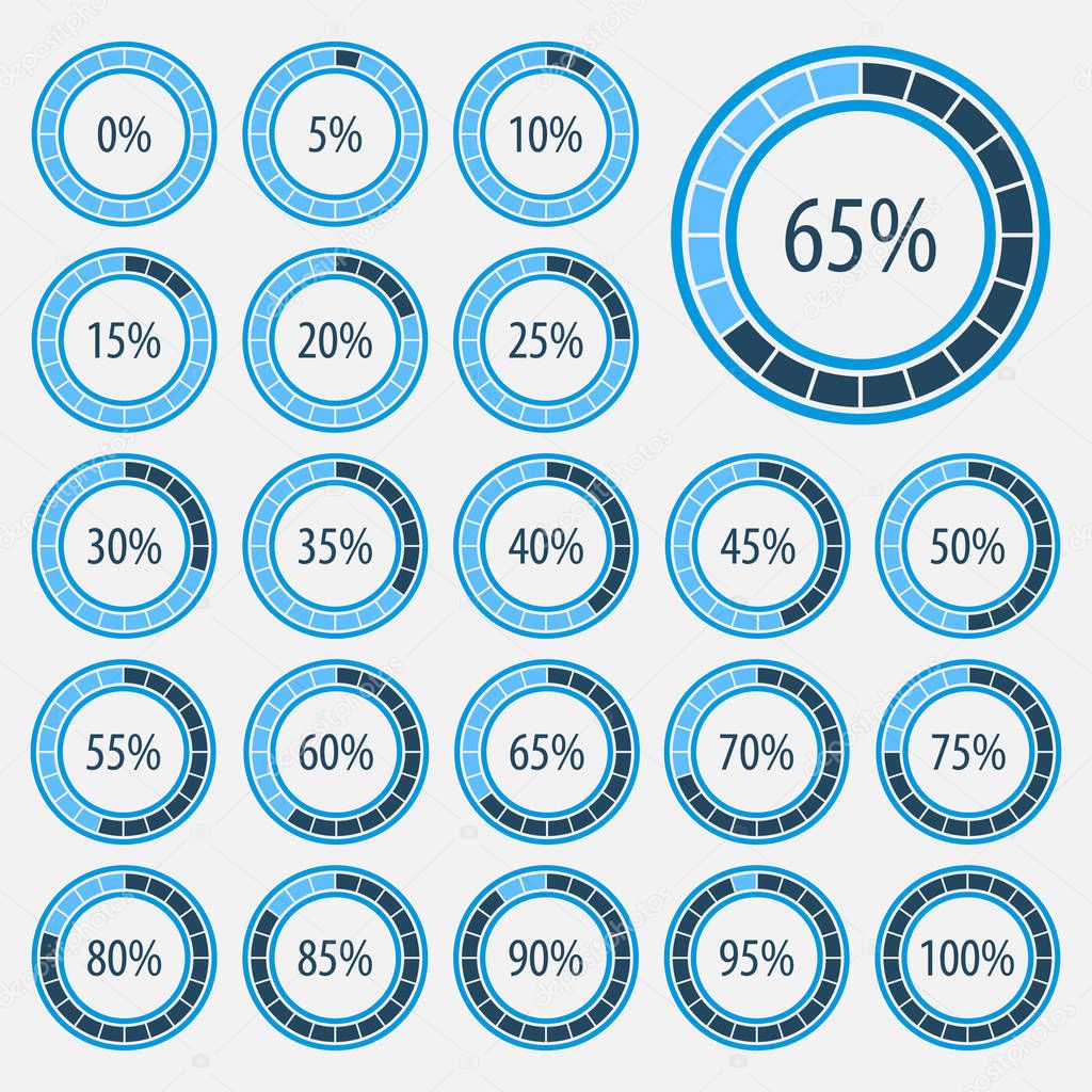 Pie charts for infographics.Set of circle percentage diagrams for web design, 0 5 10 15 20 25 30 35 40 45 50 55 60 65 70 75 80 85 90 95 100 percent.Progress bar for business infographics