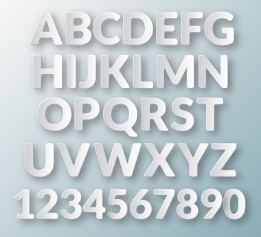 Floating paper letters and numbers of the alphabet on a light blue background clipart