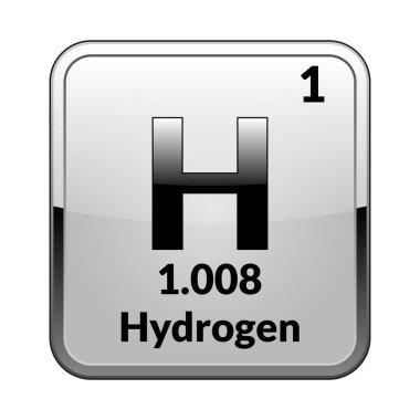 Hidrojen sembolü. Periyodik tablonun kimyasal elementi gümüş çerçevede parlak beyaz bir zemin üzerinde. Vektör illüstrasyonu.