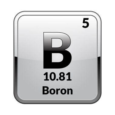 Boron sembolü. Periyodik tablonun kimyasal elementi gümüş çerçevede parlak beyaz bir arkaplan üzerinde. Vektör illüstrasyonu.