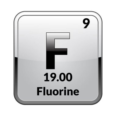 Fluorine symbol.Chemical element of the periodic table on a glossy white background in a silver frame.Vector illustration. clipart