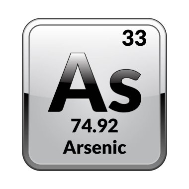 Arsenik sembolü. Parlak beyaz bir arka planda bir gümüş çerçeve içinde periyodik tablonun kimyasal element. Vektör çizim.