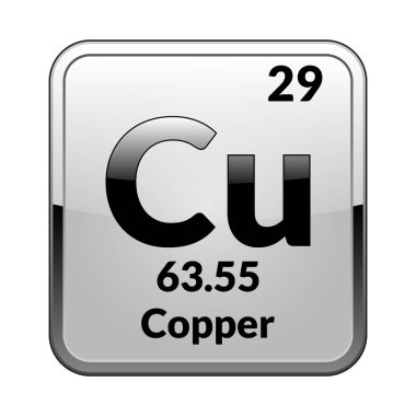 Copper symbol.Chemical element of the periodic table on a glossy white background in a silver frame.Vector illustration. clipart svg vector 