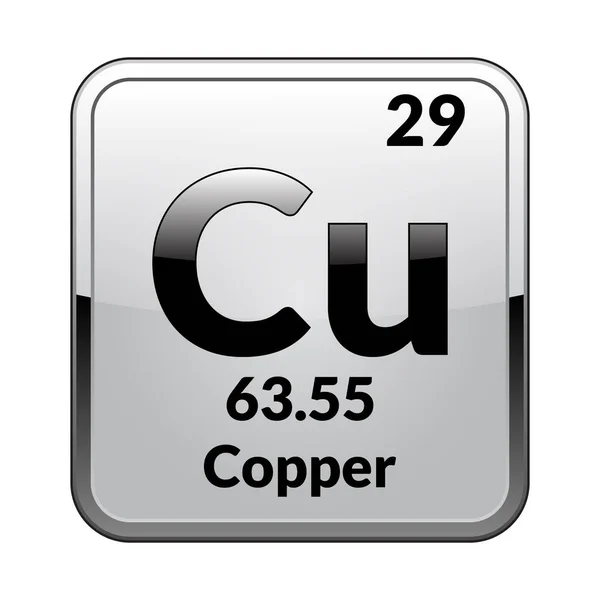 Bakır sembolü. Parlak beyaz bir arka planda bir gümüş çerçeve içinde periyodik tablonun kimyasal element. Vektör çizim.