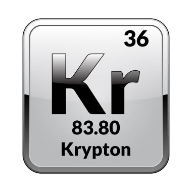Kripton sembolü. Parlak beyaz bir arka planda bir gümüş çerçeve içinde periyodik tablonun kimyasal element. Vektör çizim.