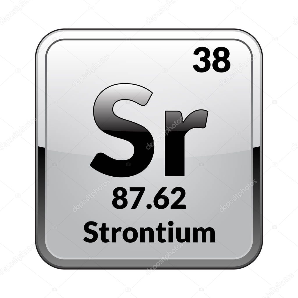 Strontium symbol.Chemical element of the periodic table on a glossy white background in a silver frame.Vector illustration.