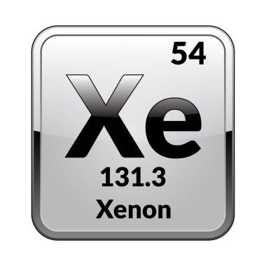 Xenon sembolü. Parlak beyaz bir arka planda bir gümüş çerçeve içinde periyodik tablonun kimyasal element. Vektör çizim.