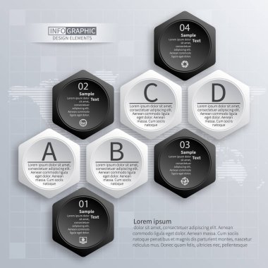 Soyut 3d vektör kağıt Infographic öğeleri. Siyah ve beyaz tarzı. Altıgen infographics. Petek tasarım