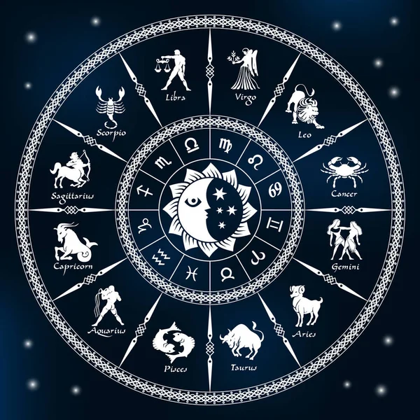 Horoskop Koło Ciemnym Niebieskim Tle Koło Znaków Zodiaku Ilustracja Wektorowa — Wektor stockowy