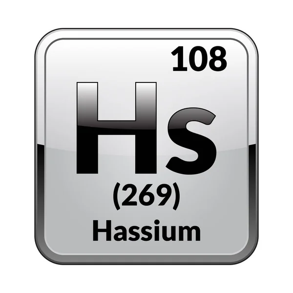 ハッシウムのシンボル シルバー フレームに光沢のある白い背景に周期表の元素です ベクトル図 — ストックベクタ