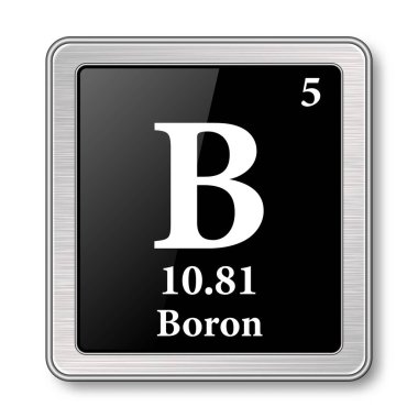 Boron sembolü. Periyodik tablonun kimyasal elementi gümüş çerçevede parlak siyah bir arkaplan üzerinde. Vektör illüstrasyonu.