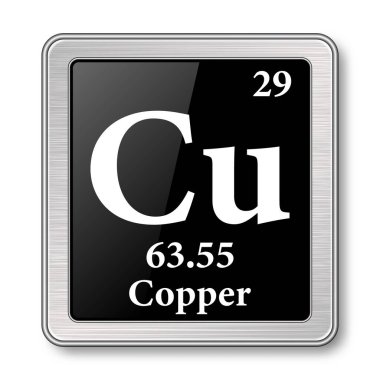 Copper symbol.Chemical element of the periodic table on a glossy black background in a silver frame.Vector illustration. clipart svg vector 