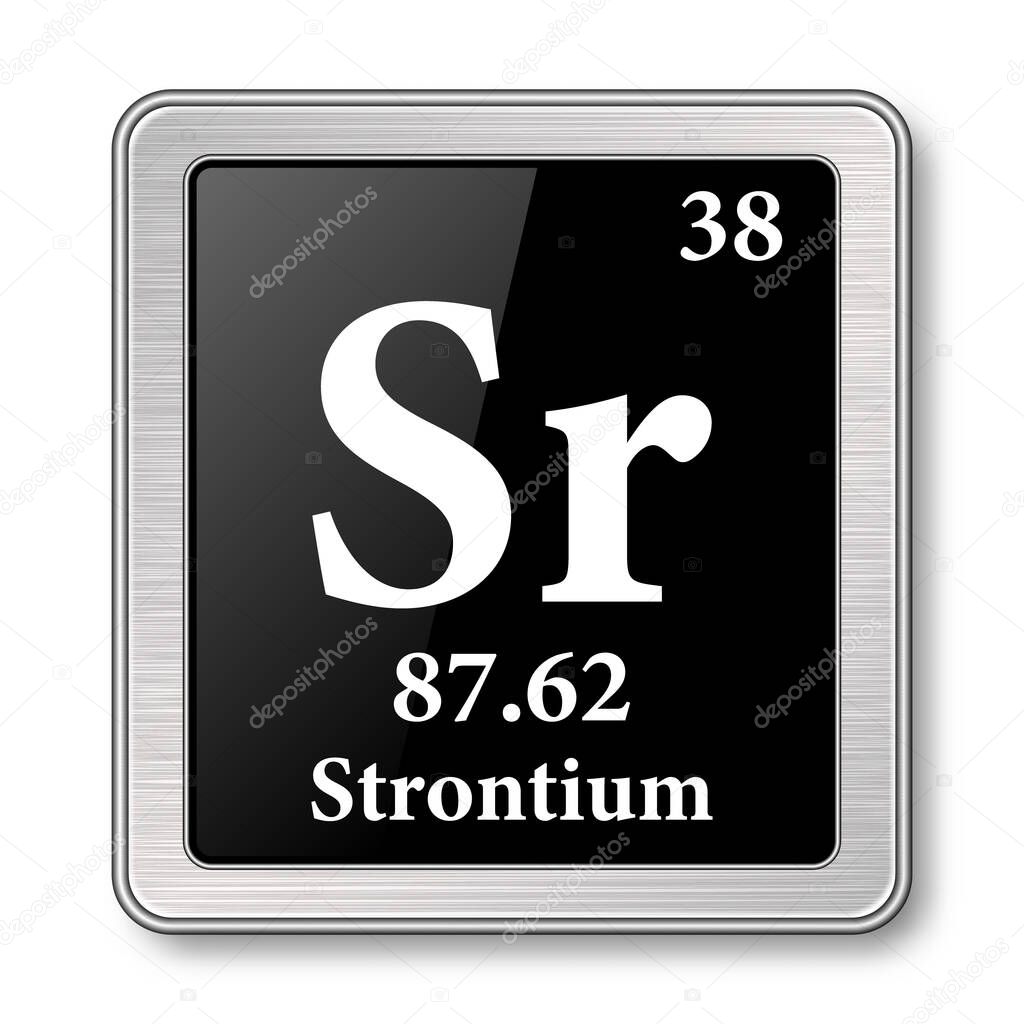 Strontium symbol.Chemical element of the periodic table on a glossy black background in a silver frame.Vector illustration.