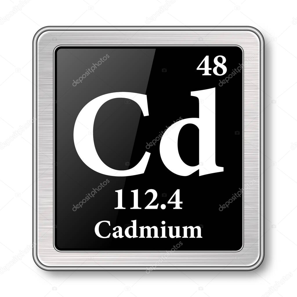 Cadmium symbol.Chemical element of the periodic table on a glossy black background in a silver frame.Vector illustration.