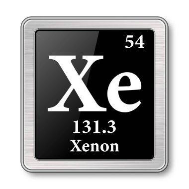 Ksenon sembolü. Periyodik tablodaki kimyasal element gümüş çerçeveli parlak siyah bir arkaplan üzerinde. Vektör illüstrasyonu.
