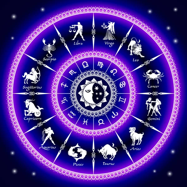 Cerchio Oroscopo Neon Viola Cerchio Con Segni Zodiaco Illustrazione Vettoriale — Vettoriale Stock