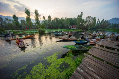 KASHMIR, Hindistan - 20. SEPT 2019; Hindistan 'ın Kashmir Gölü' ndeki geleneksel yüzen pazar manzarası.