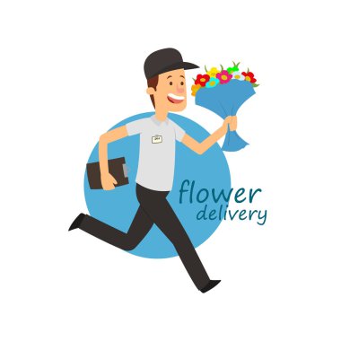 çiçek teslim. hızlı teslimat bir kurye. vektör çizim.