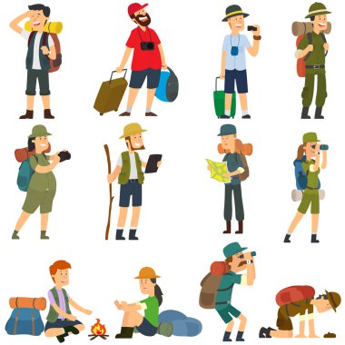 Sırt çantaları insanlarla hiking. Beyaz arka plan üzerinde izole kamp giysili kadın ve erkek. vektör çizim.