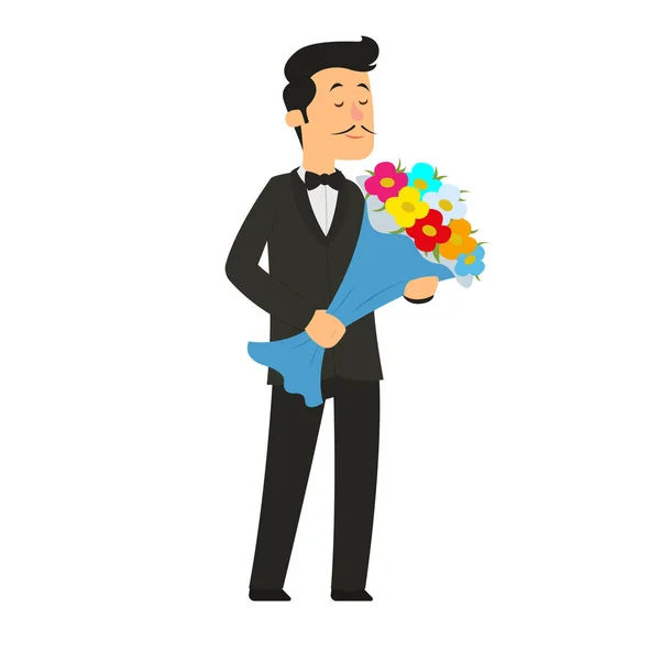 Hombre Gran Ramo Flores Ilustración Vectorial — Vector de stock