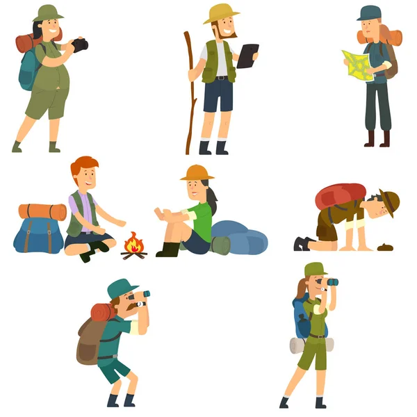People Backpacks Hiking Men Women Camp Clothes Isolated White Background — Stock Vector