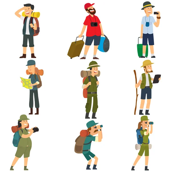 People Backpacks Hiking Men Women Camp Clothes Isolated White Background — Stock Vector