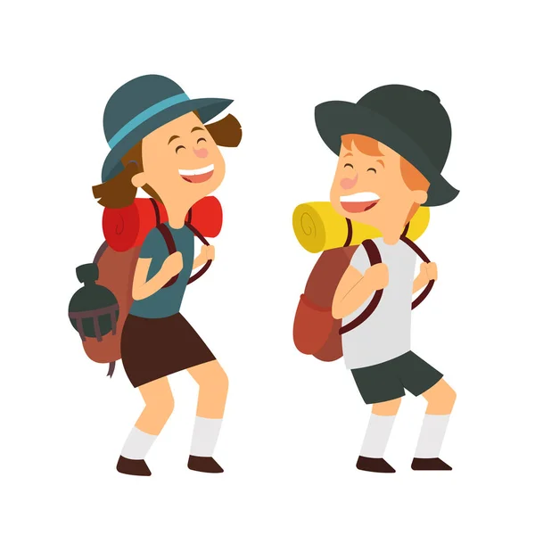 Children scout people adventure camping. Hiking recreation tourist group. Vector illustration.