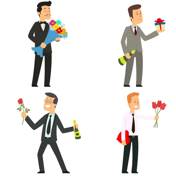 Mężczyźni dają kwiaty, prezenty i cukierki. — Wektor stockowy