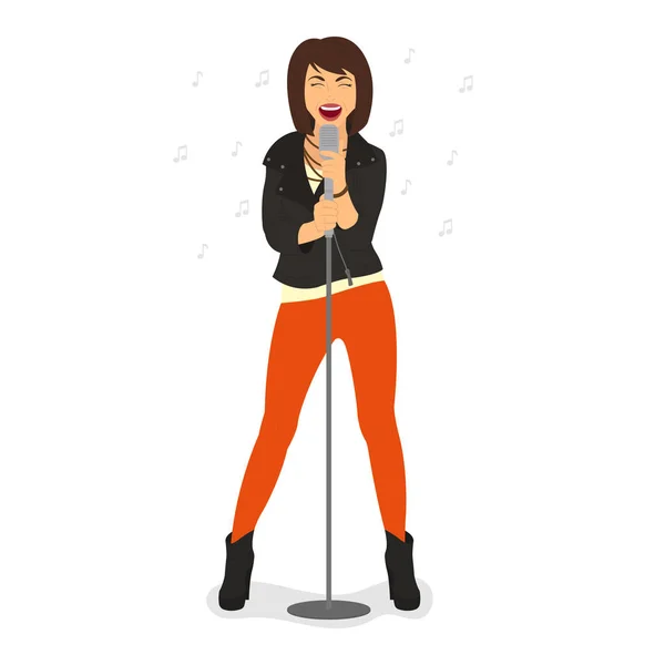 Όμορφη κοπέλα τραγουδά ένα τραγούδι στο μικρόφωνο. — Διανυσματικό Αρχείο