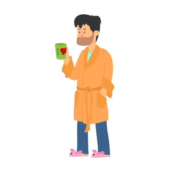 Hombre cansado bebiendo café sobre fondo blanco — Vector de stock