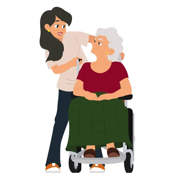 Pracownik socjalny pomaga babcia na wózku inwalidzkim. — Wektor stockowy