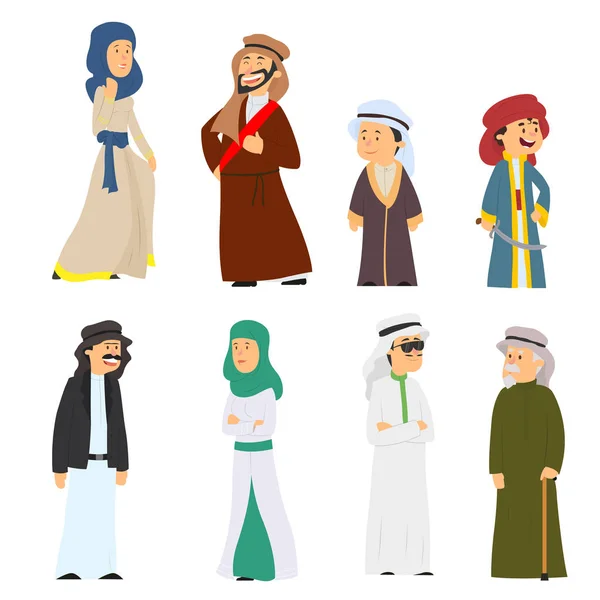 Set of Arab people in national costumes isolated on white background. — Stock Vector