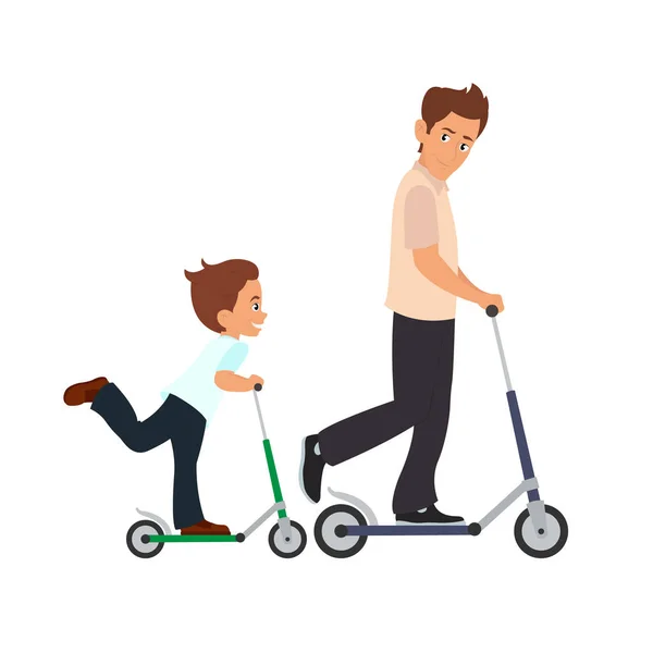 スクーターでお父さんと息子のスケート — ストックベクタ