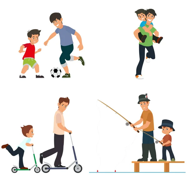 お父さんと息子のプレイ、魚、ボールを追いかける、スクーターに乗る. — ストックベクタ